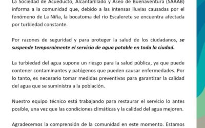 «Suspensión temporal del servicio de agua potable en Buenaventura debido a turbiedad en el río Escalerete»