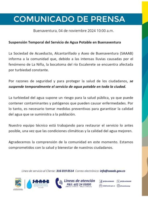 «Suspensión temporal del servicio de agua potable en Buenaventura ...